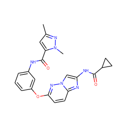 Cc1cc(C(=O)Nc2cccc(Oc3ccc4nc(NC(=O)C5CC5)cn4n3)c2)n(C)n1 ZINC000095479479