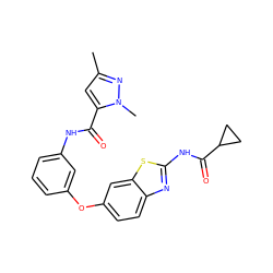 Cc1cc(C(=O)Nc2cccc(Oc3ccc4nc(NC(=O)C5CC5)sc4c3)c2)n(C)n1 ZINC000096273372