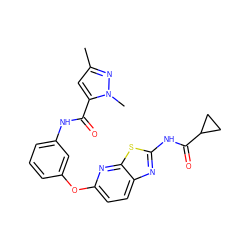 Cc1cc(C(=O)Nc2cccc(Oc3ccc4nc(NC(=O)C5CC5)sc4n3)c2)n(C)n1 ZINC000096273373