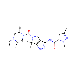 Cc1cc(C(=O)Nc2n[nH]c3c2CN(C(=O)N2C[C@@H]4CCCN4C[C@@H]2C)C3(C)C)n(C)n1 ZINC000114179918