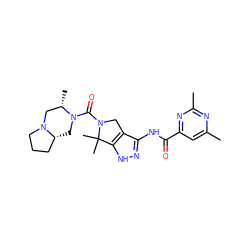 Cc1cc(C(=O)Nc2n[nH]c3c2CN(C(=O)N2C[C@@H]4CCCN4C[C@@H]2C)C3(C)C)nc(C)n1 ZINC000114179775