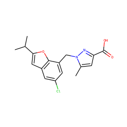 Cc1cc(C(=O)O)nn1Cc1cc(Cl)cc2cc(C(C)C)oc12 ZINC000043173665