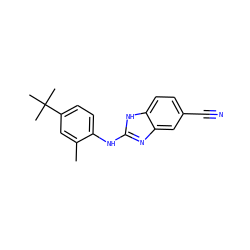 Cc1cc(C(C)(C)C)ccc1Nc1nc2cc(C#N)ccc2[nH]1 ZINC000084910624