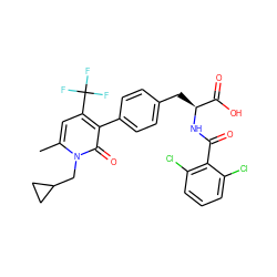 Cc1cc(C(F)(F)F)c(-c2ccc(C[C@H](NC(=O)c3c(Cl)cccc3Cl)C(=O)O)cc2)c(=O)n1CC1CC1 ZINC000095587714