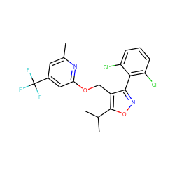 Cc1cc(C(F)(F)F)cc(OCc2c(-c3c(Cl)cccc3Cl)noc2C(C)C)n1 ZINC000058534543