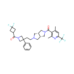 Cc1cc(C(F)(F)F)nc(C)c1C(=O)N1C[C@@H]2CN(CCC3(c4ccccc4)CN(C(=O)C4CC(F)(F)C4)C3)C[C@@H]2C1 ZINC000049756799