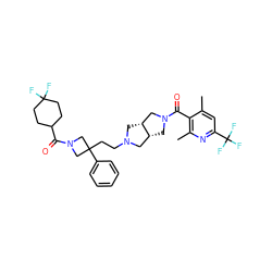 Cc1cc(C(F)(F)F)nc(C)c1C(=O)N1C[C@@H]2CN(CCC3(c4ccccc4)CN(C(=O)C4CCC(F)(F)CC4)C3)C[C@@H]2C1 ZINC000049757308