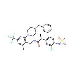 Cc1cc(C(F)(F)F)nc(N2CCC(Cc3ccccc3)CC2)c1CNC(=O)[C@@H](C)c1ccc(NS(C)(=O)=O)c(F)c1 ZINC000060329346