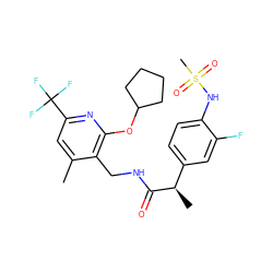 Cc1cc(C(F)(F)F)nc(OC2CCCC2)c1CNC(=O)[C@H](C)c1ccc(NS(C)(=O)=O)c(F)c1 ZINC000146315445