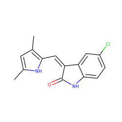 Cc1cc(C)c(/C=C2\C(=O)Nc3ccc(Cl)cc32)[nH]1 ZINC000003875026