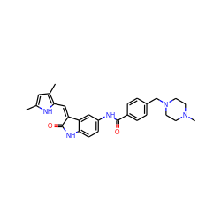 Cc1cc(C)c(/C=C2\C(=O)Nc3ccc(NC(=O)c4ccc(CN5CCN(C)CC5)cc4)cc32)[nH]1 ZINC000045366260