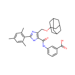 Cc1cc(C)c(-c2nc(COC34CC5CC(CC(C5)C3)C4)c(C(=O)Nc3cccc(C(=O)O)c3)[nH]2)c(C)c1 ZINC000013674750