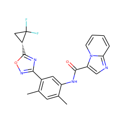 Cc1cc(C)c(-c2noc([C@@H]3CC3(F)F)n2)cc1NC(=O)c1cnc2ccccn12 ZINC000206126661