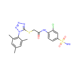 Cc1cc(C)c(-n2nnnc2SCC(=O)Nc2ccc(S(N)(=O)=O)cc2Cl)c(C)c1 ZINC000034816691