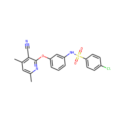 Cc1cc(C)c(C#N)c(Oc2cccc(NS(=O)(=O)c3ccc(Cl)cc3)c2)n1 ZINC000096271606