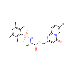 Cc1cc(C)c(C)c(S(=O)(=O)N[C@@H](C)C(=O)OCc2cc(=O)n3cc(Br)ccc3n2)c1C ZINC000003385563