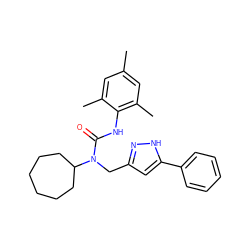 Cc1cc(C)c(NC(=O)N(Cc2cc(-c3ccccc3)[nH]n2)C2CCCCCC2)c(C)c1 ZINC000013779962