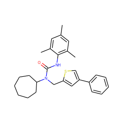 Cc1cc(C)c(NC(=O)N(Cc2cc(-c3ccccc3)cs2)C2CCCCCC2)c(C)c1 ZINC000013779959