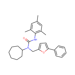 Cc1cc(C)c(NC(=O)N(Cc2ccc(-c3ccccc3)o2)C2CCCCCC2)c(C)c1 ZINC000013779960