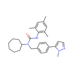 Cc1cc(C)c(NC(=O)N(Cc2ccc(-c3ccnn3C)cc2)C2CCCCCC2)c(C)c1 ZINC000013779980