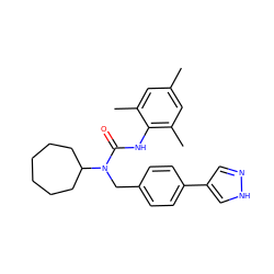 Cc1cc(C)c(NC(=O)N(Cc2ccc(-c3cn[nH]c3)cc2)C2CCCCCC2)c(C)c1 ZINC000013779976