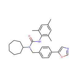 Cc1cc(C)c(NC(=O)N(Cc2ccc(-c3cnco3)cc2)C2CCCCCC2)c(C)c1 ZINC000013779989