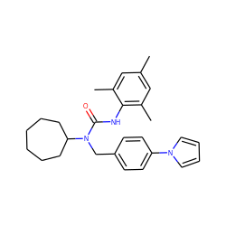 Cc1cc(C)c(NC(=O)N(Cc2ccc(-n3cccc3)cc2)C2CCCCCC2)c(C)c1 ZINC000013779970