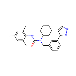 Cc1cc(C)c(NC(=O)N(Cc2cccc(-c3cc[nH]n3)c2)C2CCCCC2)c(C)c1 ZINC000013779996