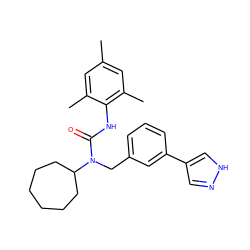 Cc1cc(C)c(NC(=O)N(Cc2cccc(-c3cn[nH]c3)c2)C2CCCCCC2)c(C)c1 ZINC000013779977