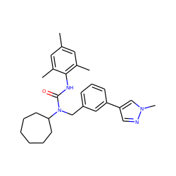 Cc1cc(C)c(NC(=O)N(Cc2cccc(-c3cnn(C)c3)c2)C2CCCCCC2)c(C)c1 ZINC000013779983