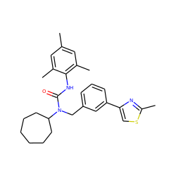 Cc1cc(C)c(NC(=O)N(Cc2cccc(-c3csc(C)n3)c2)C2CCCCCC2)c(C)c1 ZINC000013779991