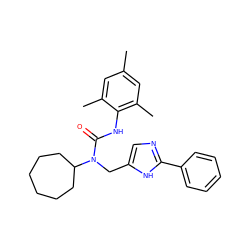 Cc1cc(C)c(NC(=O)N(Cc2cnc(-c3ccccc3)[nH]2)C2CCCCCC2)c(C)c1 ZINC000013779963