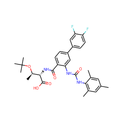 Cc1cc(C)c(NC(=O)Nc2cc(-c3ccc(F)c(F)c3)ccc2C(=O)N[C@H](C(=O)O)[C@@H](C)OC(C)(C)C)c(C)c1 ZINC000042852008