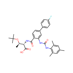 Cc1cc(C)c(NC(=O)Nc2cc(-c3ccc(F)cc3)ccc2C(=O)N[C@H](C(=O)O)[C@@H](C)OC(C)(C)C)c(C)c1 ZINC000044417420