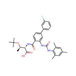 Cc1cc(C)c(NC(=O)Nc2cc(-c3cccc(F)c3)ccc2C(=O)N[C@H](C(=O)O)[C@@H](C)OC(C)(C)C)c(C)c1 ZINC000044431034