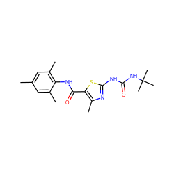 Cc1cc(C)c(NC(=O)c2sc(NC(=O)NC(C)(C)C)nc2C)c(C)c1 ZINC000014952077