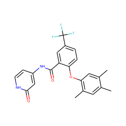 Cc1cc(C)c(Oc2ccc(C(F)(F)F)cc2C(=O)Nc2cc[nH]c(=O)c2)cc1C ZINC000221343585