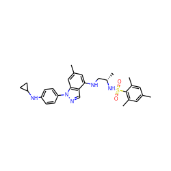 Cc1cc(C)c(S(=O)(=O)N[C@@H](C)CNc2cc(C)cc3c2cnn3-c2ccc(NC3CC3)cc2)c(C)c1 ZINC000066074723