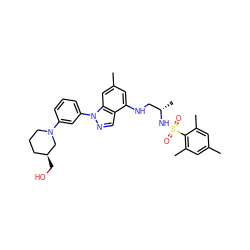 Cc1cc(C)c(S(=O)(=O)N[C@@H](C)CNc2cc(C)cc3c2cnn3-c2cccc(N3CCC[C@H](CO)C3)c2)c(C)c1 ZINC000066075690