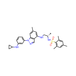 Cc1cc(C)c(S(=O)(=O)N[C@@H](C)CNc2cc(C)cc3c2cnn3-c2cccc(NC3CC3)c2)c(C)c1 ZINC000066079518