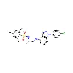 Cc1cc(C)c(S(=O)(=O)N[C@@H](C)CNc2cccc3c2cnn3-c2ccc(Cl)cc2)c(C)c1 ZINC000043152880