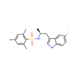 Cc1cc(C)c(S(=O)(=O)N[C@@H](C)Cc2c[nH]c3ccc(F)cc23)c(C)c1 ZINC000028820785