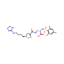 Cc1cc(C)c(S(=O)(=O)N[C@@H](CNC(=O)C2=NO[C@@H](CCCCNC3=NCCN3)C2)C(=O)O)c(C)c1 ZINC000013803550