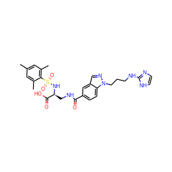 Cc1cc(C)c(S(=O)(=O)N[C@@H](CNC(=O)c2ccc3c(cnn3CCCNc3ncc[nH]3)c2)C(=O)O)c(C)c1 ZINC000027655408