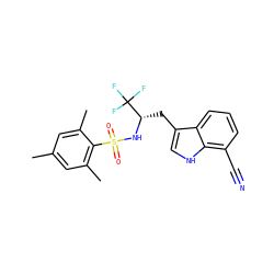 Cc1cc(C)c(S(=O)(=O)N[C@@H](Cc2c[nH]c3c(C#N)cccc23)C(F)(F)F)c(C)c1 ZINC000088265809