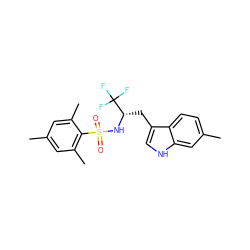 Cc1cc(C)c(S(=O)(=O)N[C@@H](Cc2c[nH]c3cc(C)ccc23)C(F)(F)F)c(C)c1 ZINC000103253857