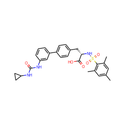 Cc1cc(C)c(S(=O)(=O)N[C@@H](Cc2ccc(-c3cccc(NC(=O)NC4CC4)c3)cc2)C(=O)O)c(C)c1 ZINC000001490521