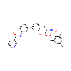 Cc1cc(C)c(S(=O)(=O)N[C@@H](Cc2ccc(-c3cccc(NC(=O)c4cccnc4)c3)cc2)C(=O)O)c(C)c1 ZINC000028957945