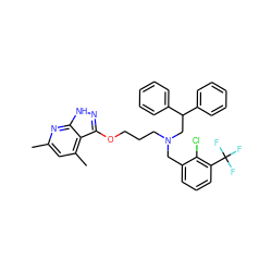 Cc1cc(C)c2c(OCCCN(Cc3cccc(C(F)(F)F)c3Cl)CC(c3ccccc3)c3ccccc3)n[nH]c2n1 ZINC000044350726