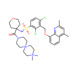 Cc1cc(C)c2cccc(OCc3c(Cl)ccc(S(=O)(=O)NC4(C(=O)N5CC[N+]6(CC5)CC[N+](C)(C)CC6)CCOCC4)c3Cl)c2n1 ZINC000082178794